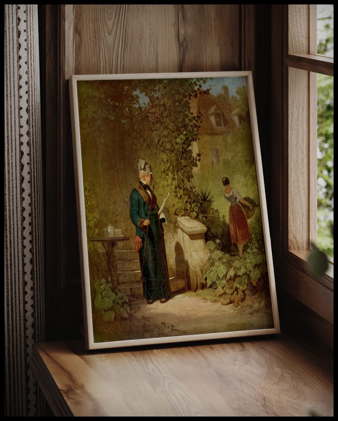 Lecteur de journaux dans le petit jardin de la maison