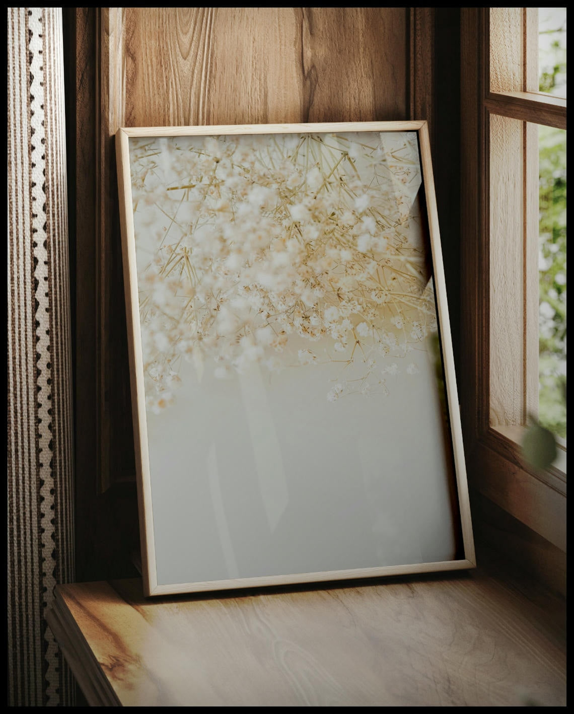 Ein gerahmter Poster von zarten, weißen Gipskrautblüten in einer minimalistischen Anordnung, vor einem Fenster an die Wand angelehnt