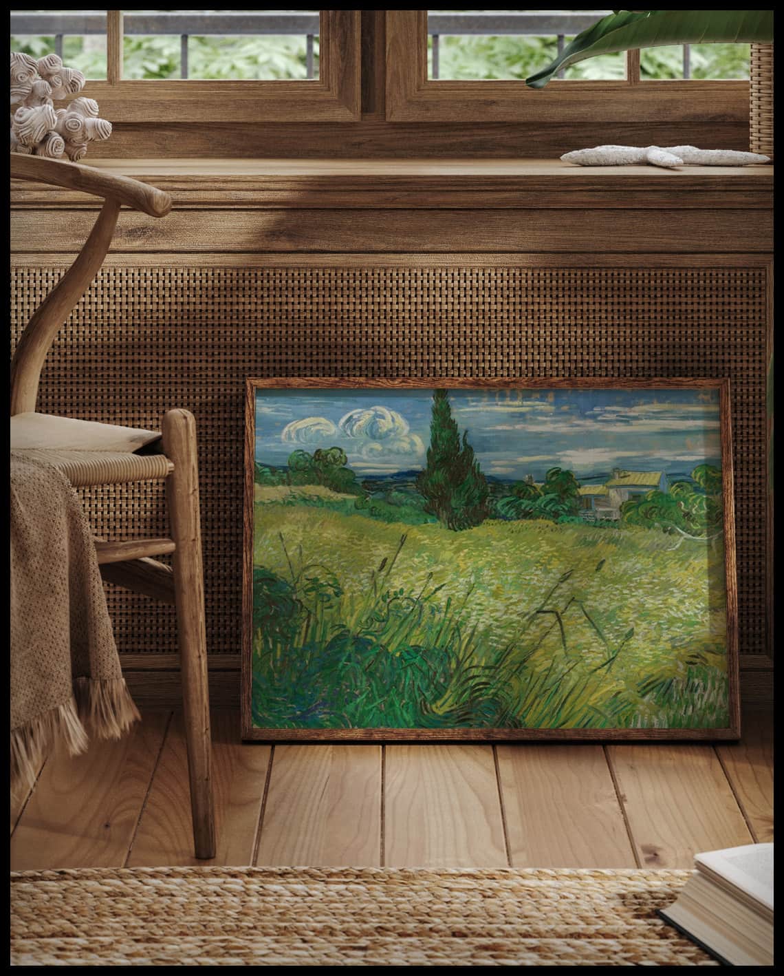 Green wheat field with cypress