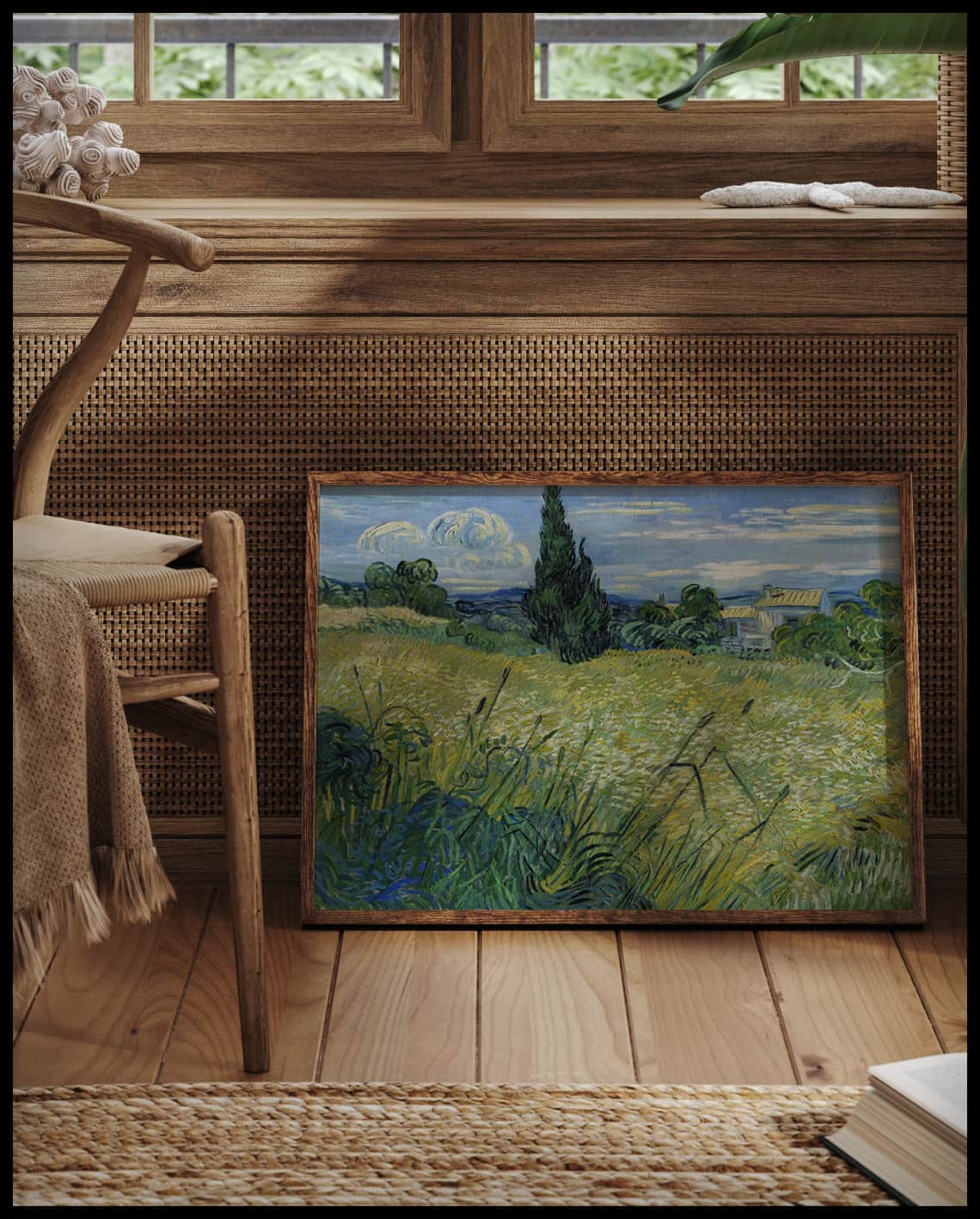 Green wheat field with cypress