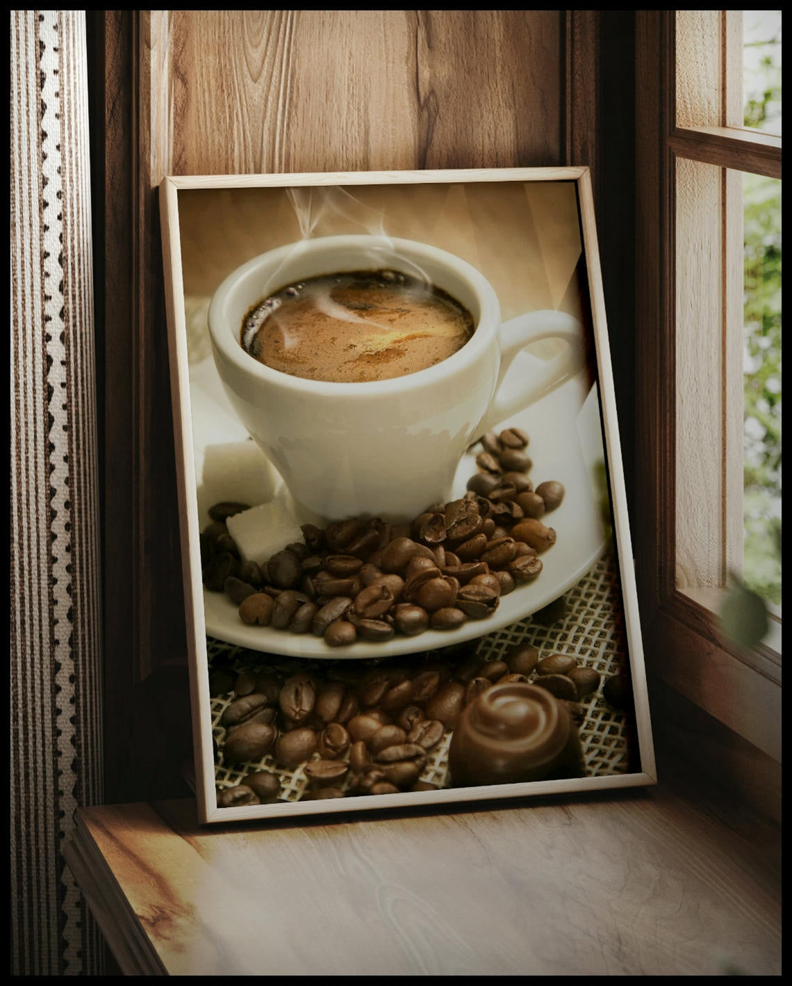 Ein gerahmtes Poster von einer dampfenden Tasse Kaffee, vor einem Fenster an die Wand angelehnt
