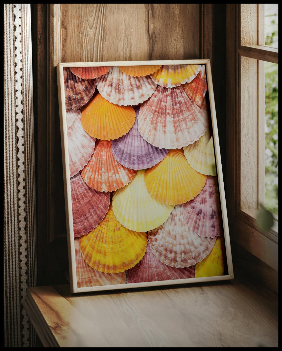 Ein gerahmtes Poster einer Nahaufnahme von bunten Muscheln die nebeneinander und übereinander angeordnet sind, vor einem Fenster an die Wand angelehnt