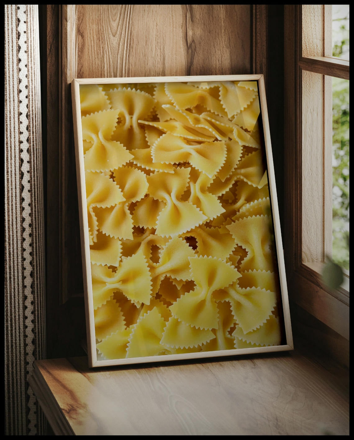 Ein gerahmtes Poster von mehreren Farfalle Nudeln, vor einem Fenster an die Wand angelehnt