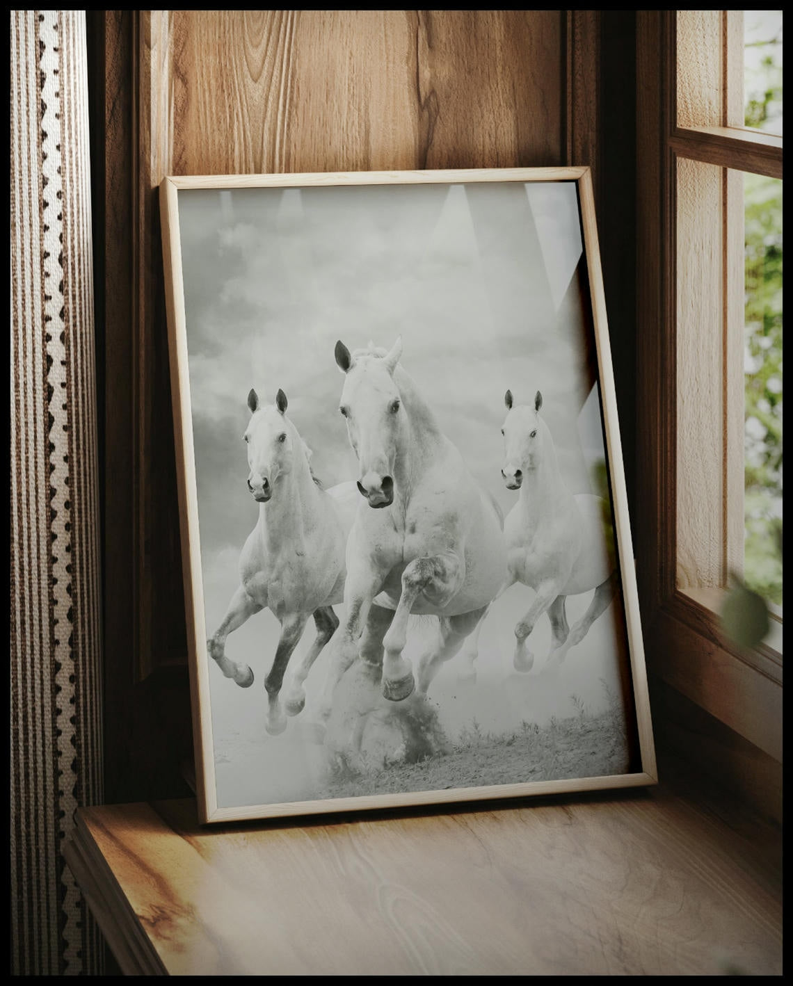 Ein gerahmtes Poster von drei weißen Pferden, die nebeneinander im Galopp durch eine staubige Landschaft rennen, vor einem Fenster an die Wand angelehnt