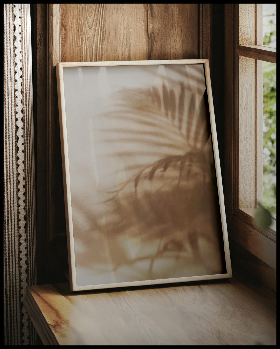 Ein gerahmtes Poster vom Schatten einzelner Palmenblätter auf einer beigefarbenen Häuserfassade, vor einem Fenster an die Wand angelehnt