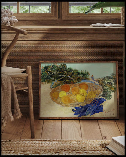 Still Life of Oranges and Lemons with Blue Gloves