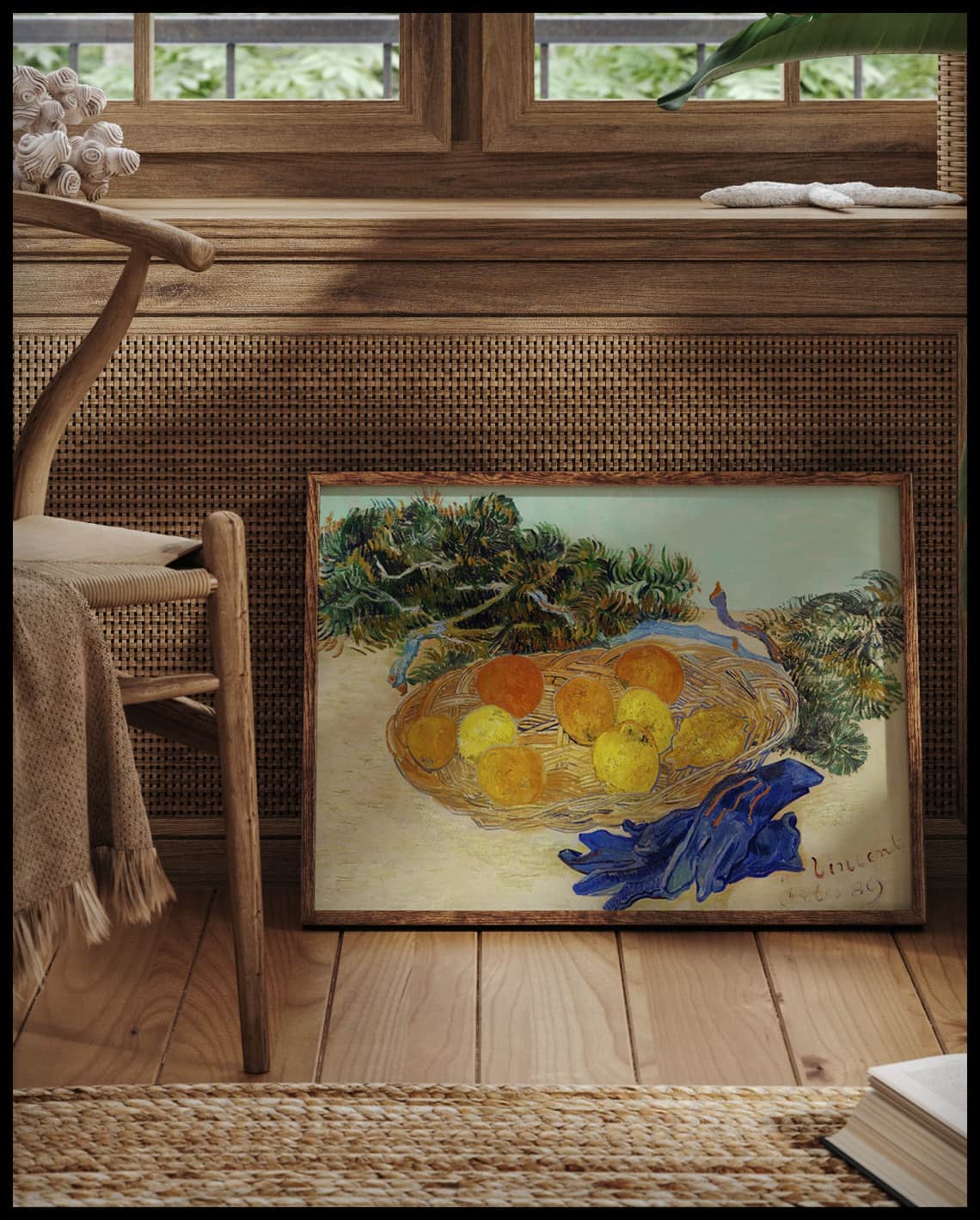 Still Life of Oranges and Lemons with Blue Gloves