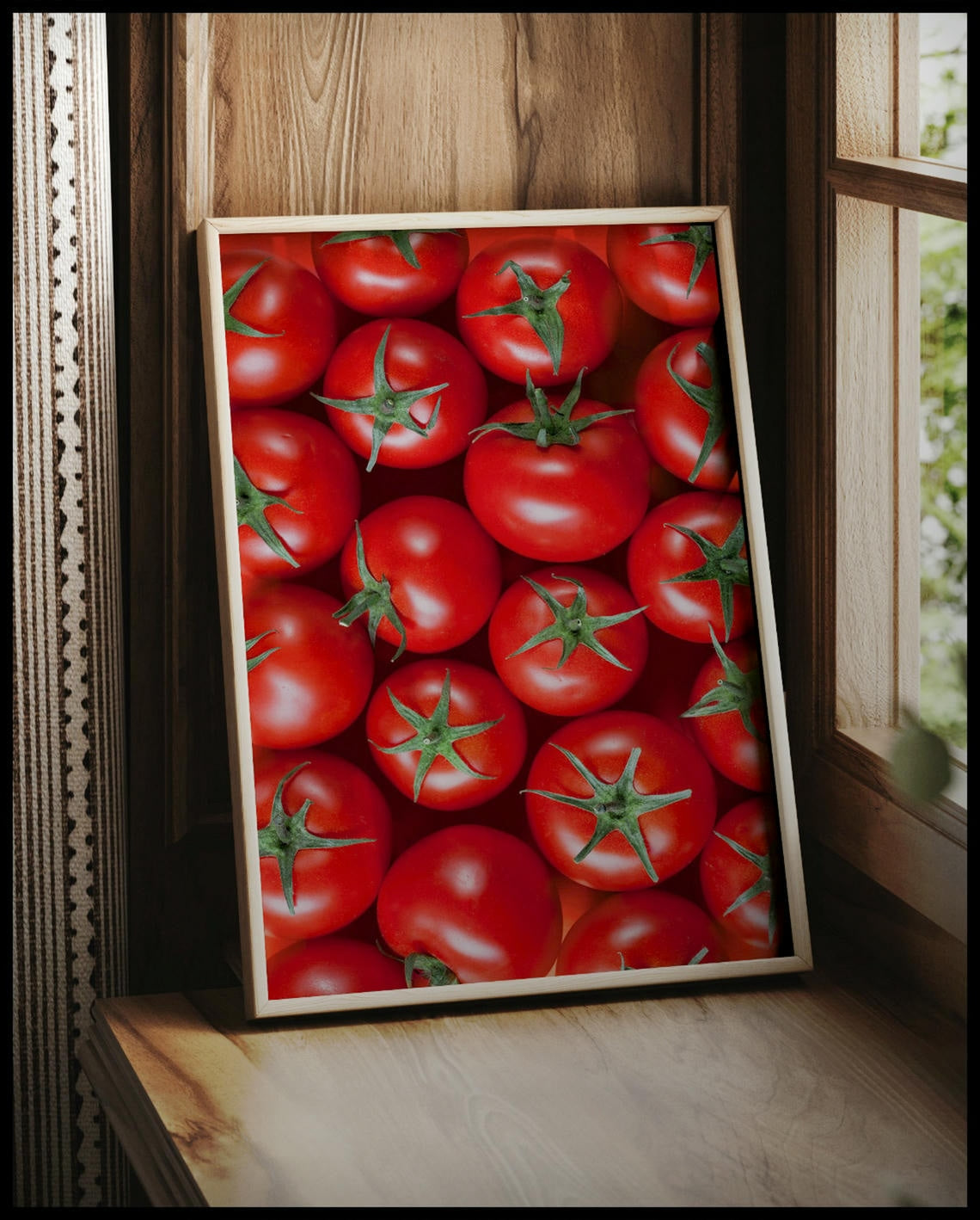 Ein gerahmtes Poster einer Nahaufnahme von mehreren Tomaten, vor einem Fenster an die Wand angelehnt