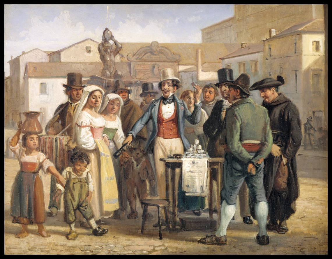 Un charlatan vend du noir sur la Piazza Barberini à Rome