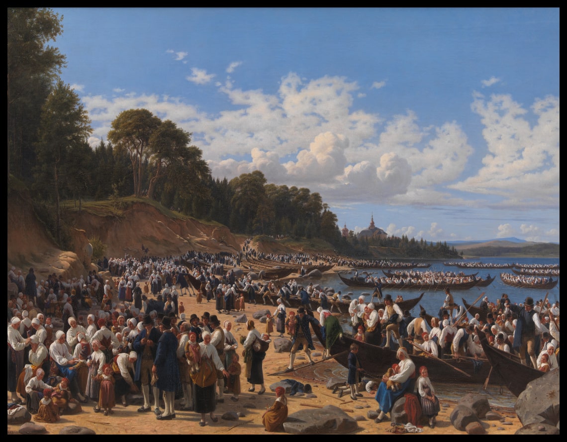 Church-Goers Arriving by Boat à l'église paroissiale de Leksand sur le lac Siljan, Suède