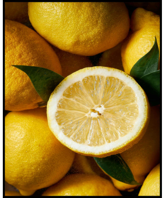 Ein Poster von einer Nahaufnahme mehrerer Zitronen.