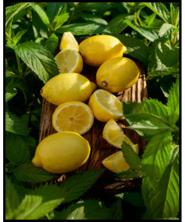 Ein Poster von mehreren Zitronen und Zitronenstücken auf einem Holzbrett umgeben von grünen Blättern.