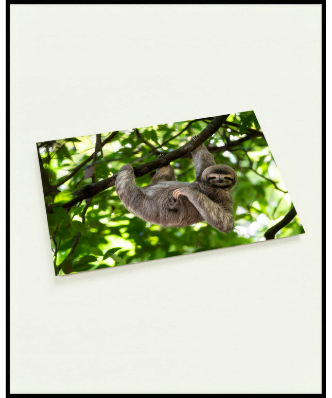 Eine Postkarte von einem Faultier, das an einem Baum hängt.