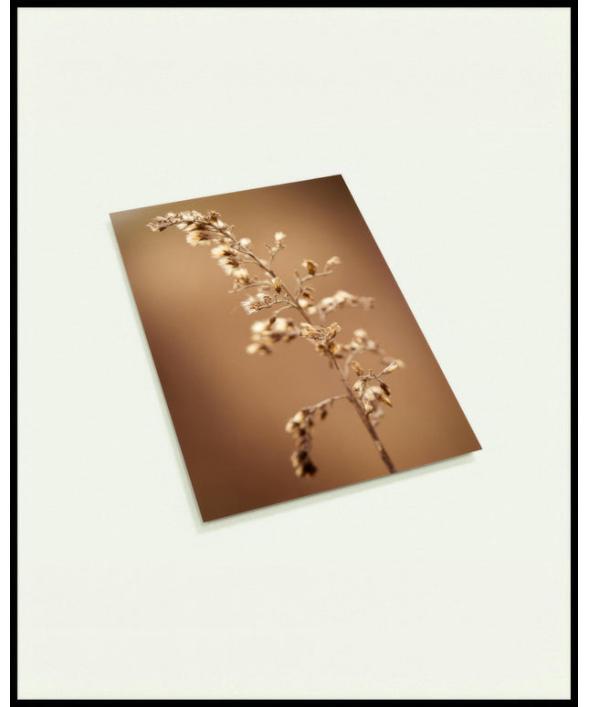 Eine Postkarte von einem Kräuterzweig vor einem unscharfen, bräunlichen Hintergrund. 