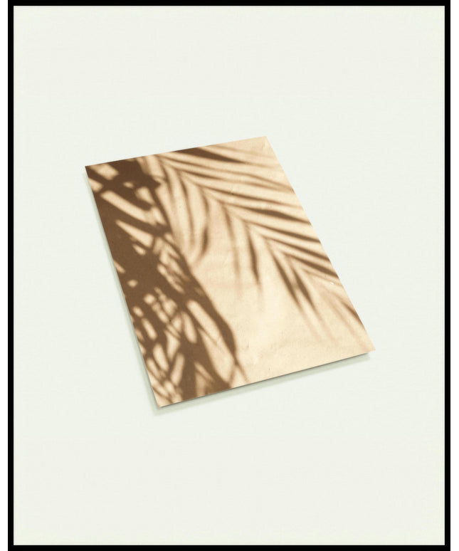 Eine Postkarte vom Schatten einzelner Palmenblätter auf einer beigefarbenen Häuserfassade.