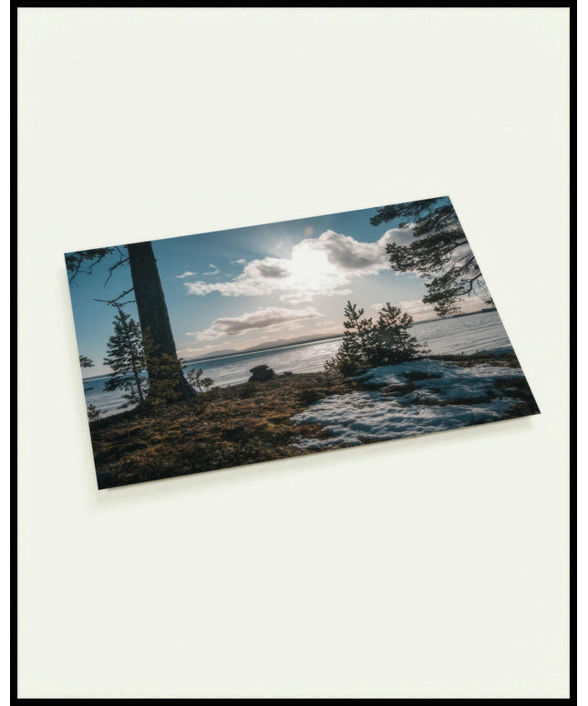 Eine Postkarte von einem bewachsenem Seeufer, das stellenweise mit Schnee bedeckt ist.