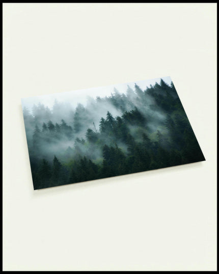Eine Postkarte von einer nebligen Front eines Waldes, der sich über mehrere Ebenen erstreckt.