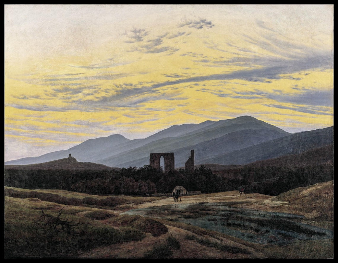 Ein Kunstdruck von einer alten Ruine inmitten einer weiten Landschaft im Riesengebirge
