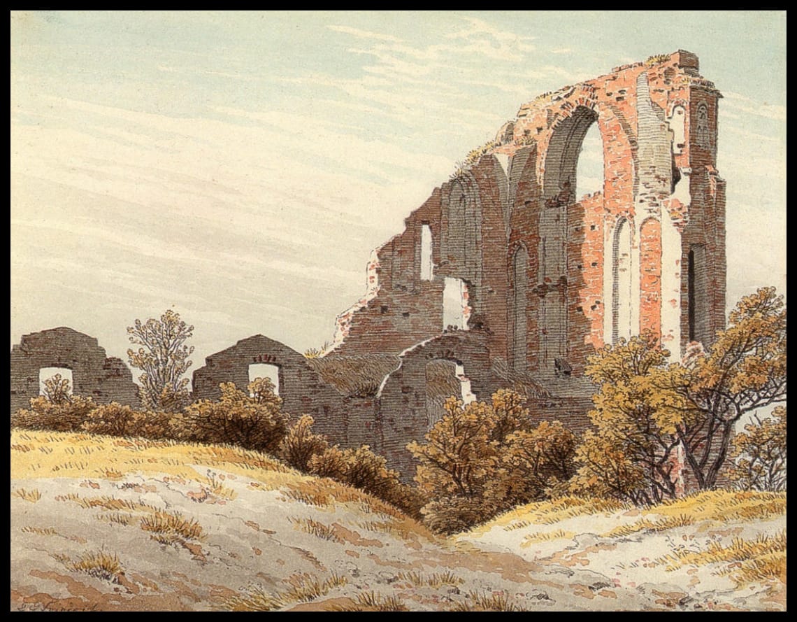 Ein Kunstdruck von einer alten Ruine hinter einem grasbewachsenen Hügel