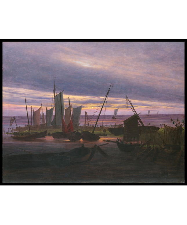 Ein Kunstdruck von mehreren Holzbooten in einem kleinen Hafen am Abend