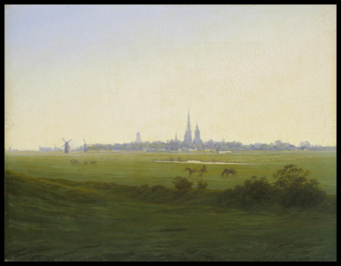 Ein Kunstdruck von saftigen Wiesen und der Stadt Greifswald, die weit im Hintergrund liegt